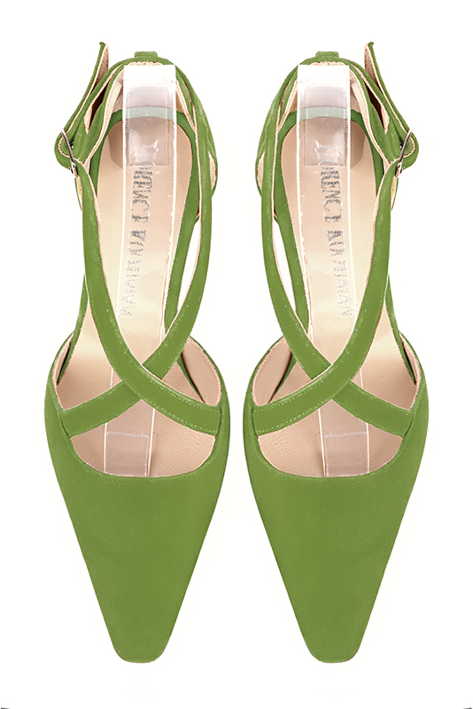 Grass green women's open side shoes, with crossed straps. Tapered toe. Low kitten heels. Top view - Florence KOOIJMAN